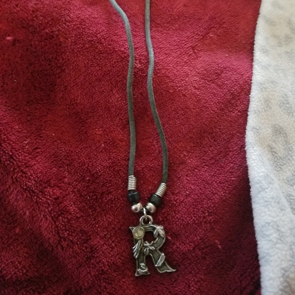 2/$15 SILVER TONE R WITH CRYSTAL PENDANT NECKLACE